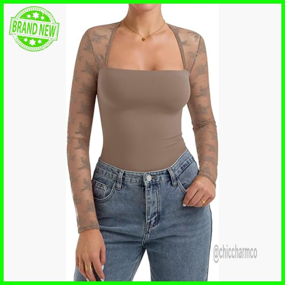 Long Sleeve Lace Top Slim Fit Square Neck Double Lined Y2K Going Out Shirt
